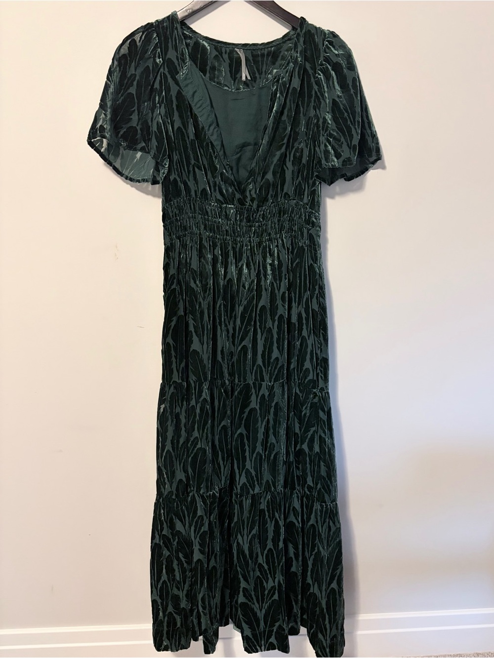 Anthropologie Dark Green Velvet Maxi Dress with Smocked Waist